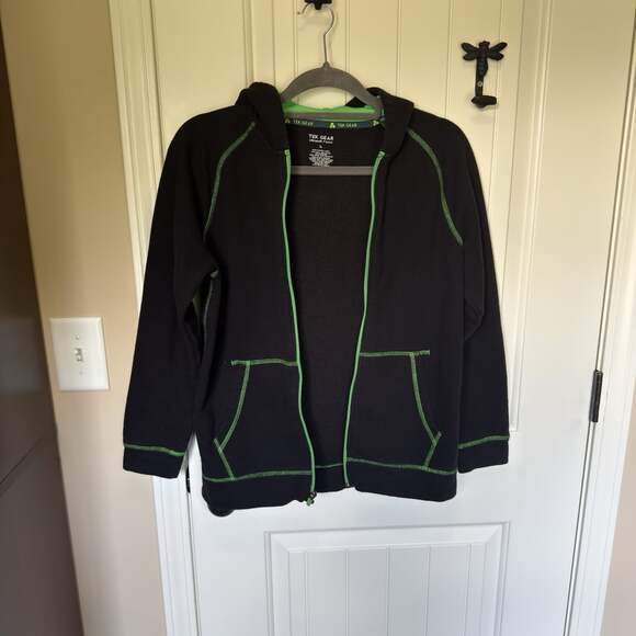 Tek Gear Jackets & Blazers - Tek Gear Women's Ultrasoft Fleece Full Zip Black Hooded Jacket  Green Hem Size L